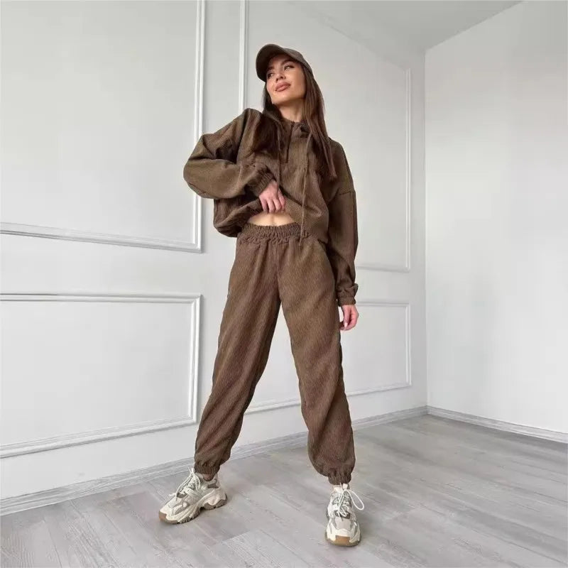 Hooded Drawstring Top Long Pants Two Piece Set Ladies