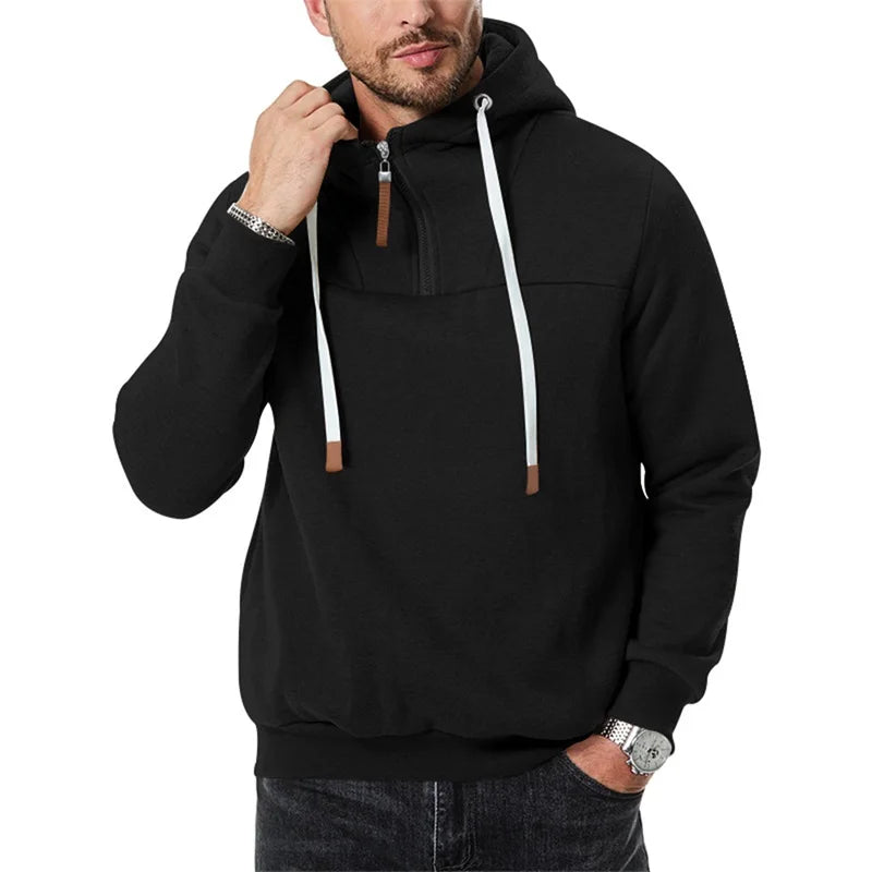 Men s Lightweight Hooded Sweatshirt with Solid Color and 1 3 Zipper Closure Long Sleeve Pullover for Fall Streetwear Style
