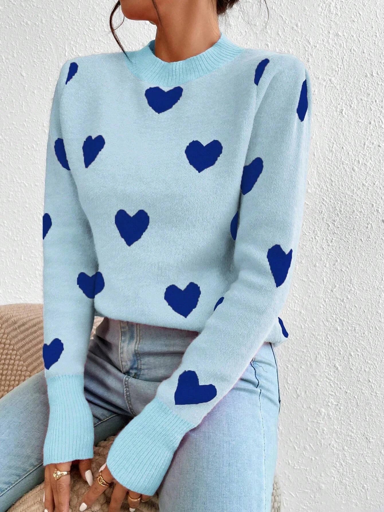 Women's Chic Blue Heart Pattern Crew Neck Sweater - Cozy Long Sleeve Knit Pullover, Soft Acrylic/Nylon Blend, Perfect for Fall &