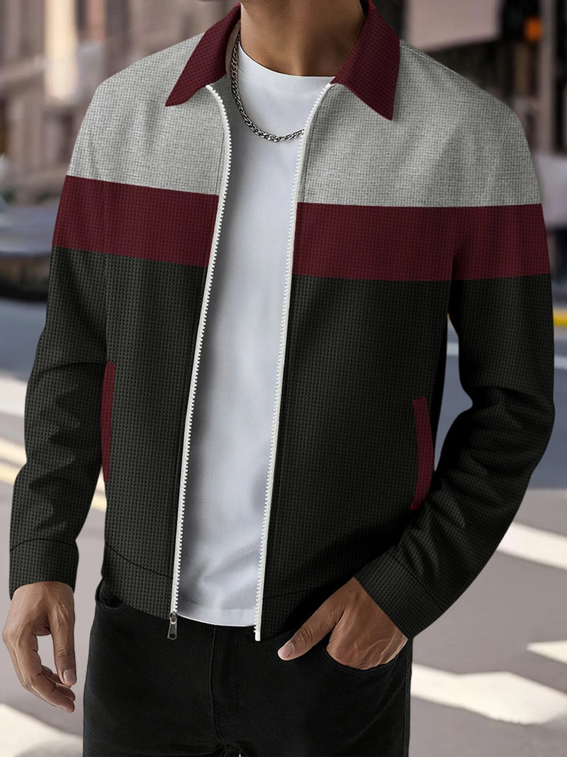 Mens Zip Up Jacket Patchwork Pockets Lapel Collar Outerwear