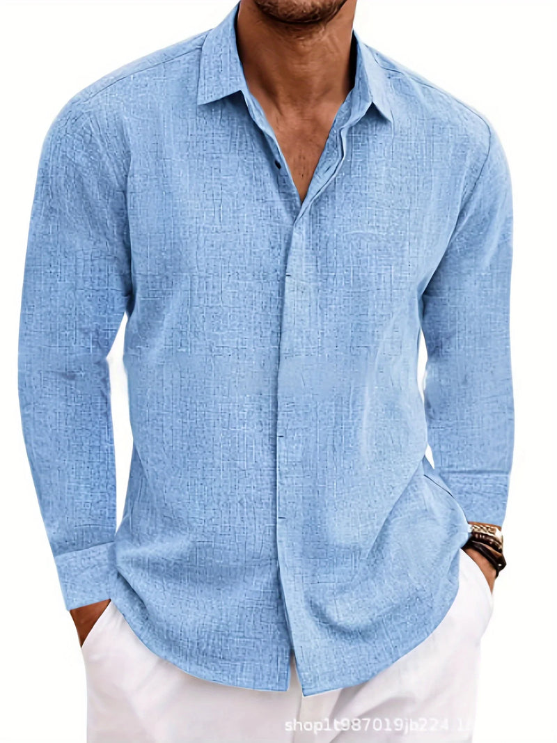 Mens Linen And Cotton Long Sleeve Shirt Solid Color Casual