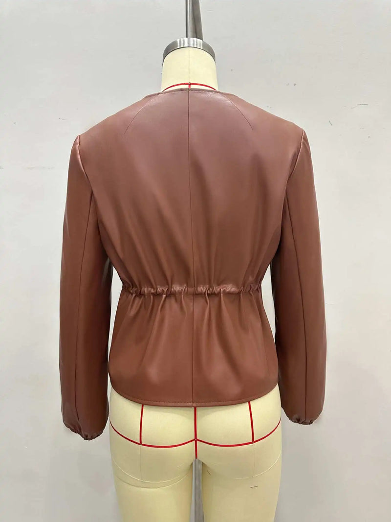 Brown PU Leather Jacket Women Y2K Zipper Cropped Outwear