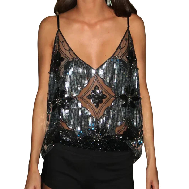 Women Sparkling Sequin Crop Top Sleeveless Camisole