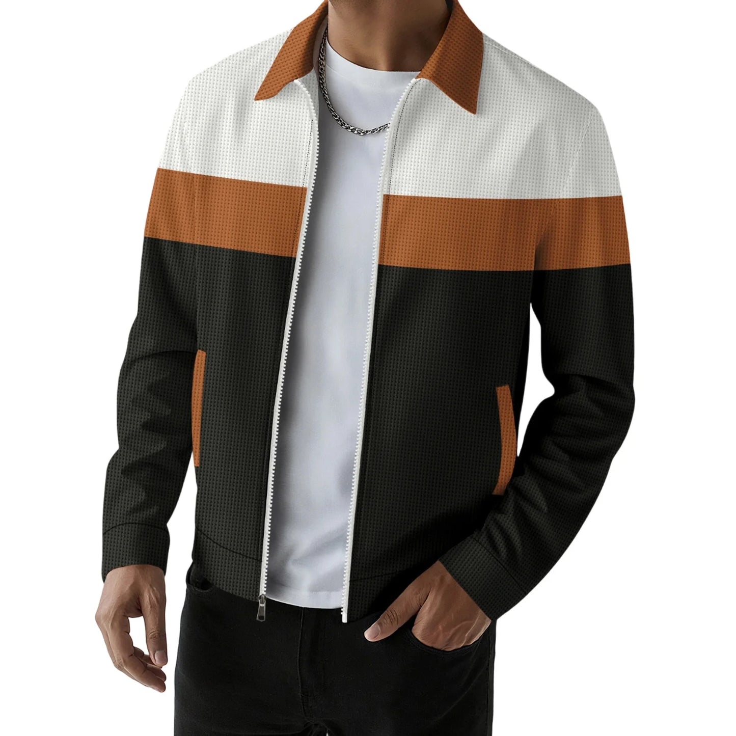 Mens Zip Up Jacket Patchwork Pockets Lapel Collar Outerwear