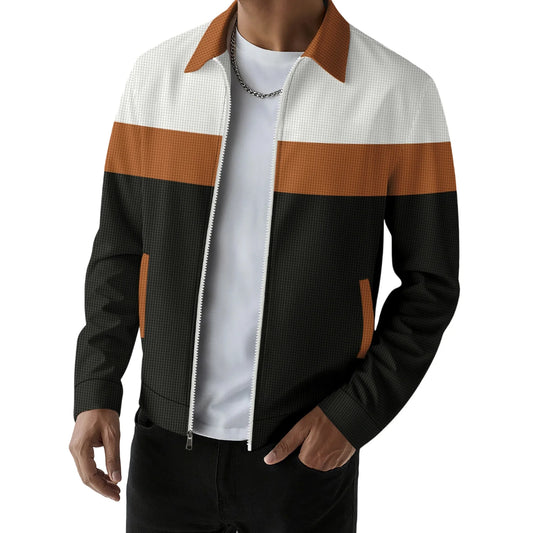 Mens Zip Up Jacket Patchwork Pockets Lapel Collar Outerwear