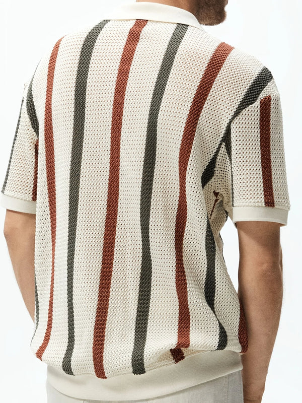 Men's Summer Chunky Knit Short Sleeve Polo With Stripes