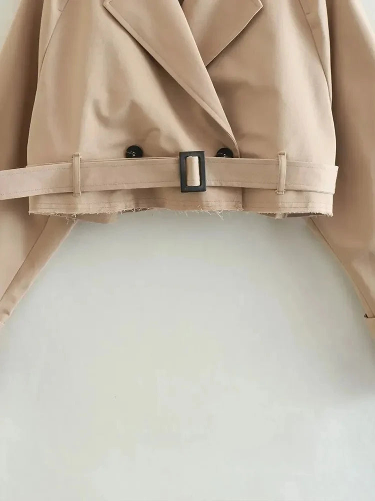 Cropped Trench Coat Women Belt Double Breasted Spring