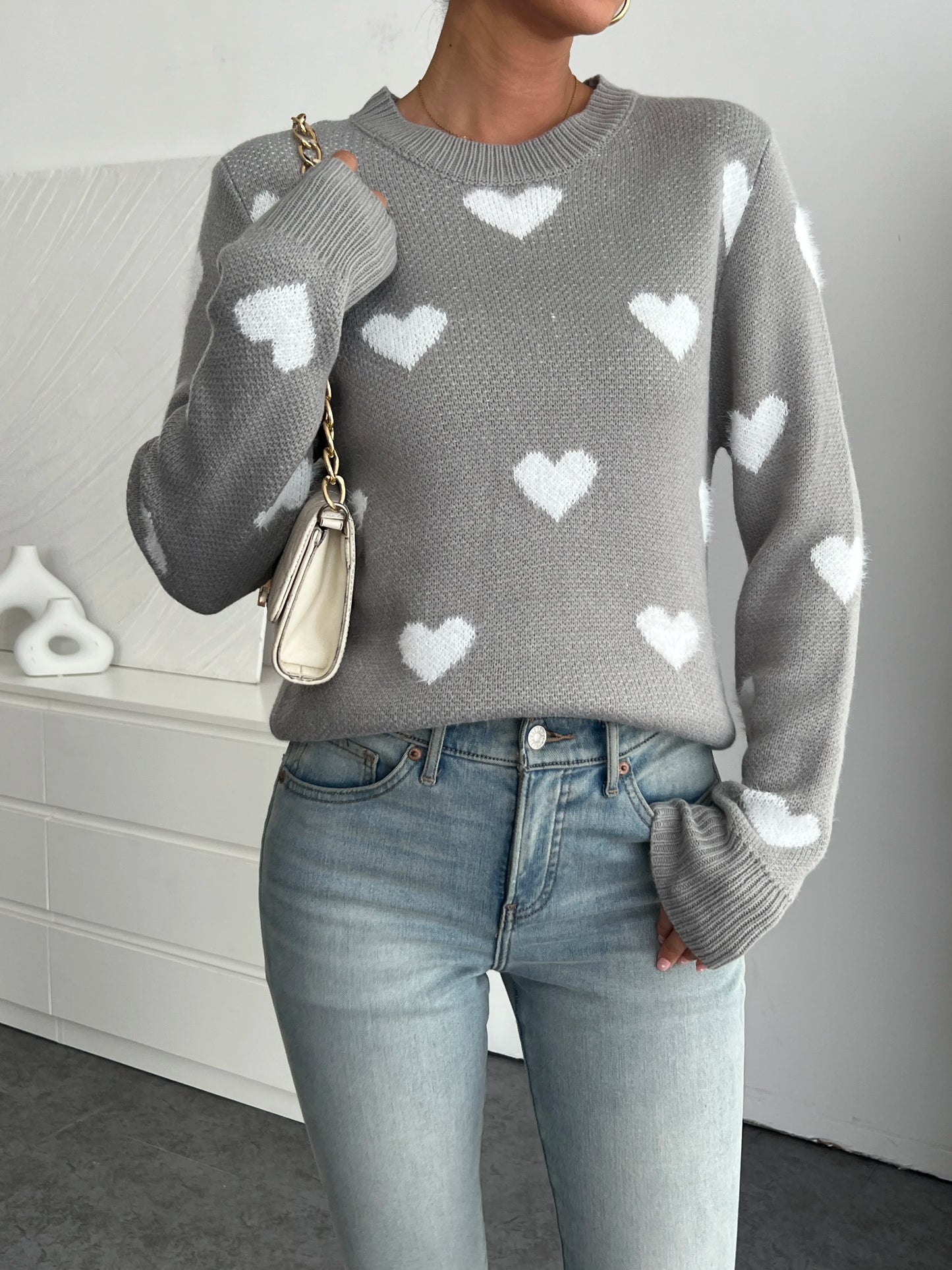 Women's Chic Blue Heart Pattern Crew Neck Sweater - Cozy Long Sleeve Knit Pullover, Soft Acrylic/Nylon Blend, Perfect for Fall &