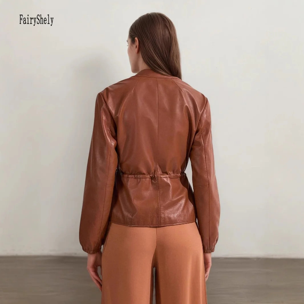 Brown PU Leather Jacket Women Y2K Zipper Cropped Outwear