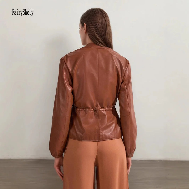 Brown PU Leather Jacket Women Y2K Zipper Cropped Outwear