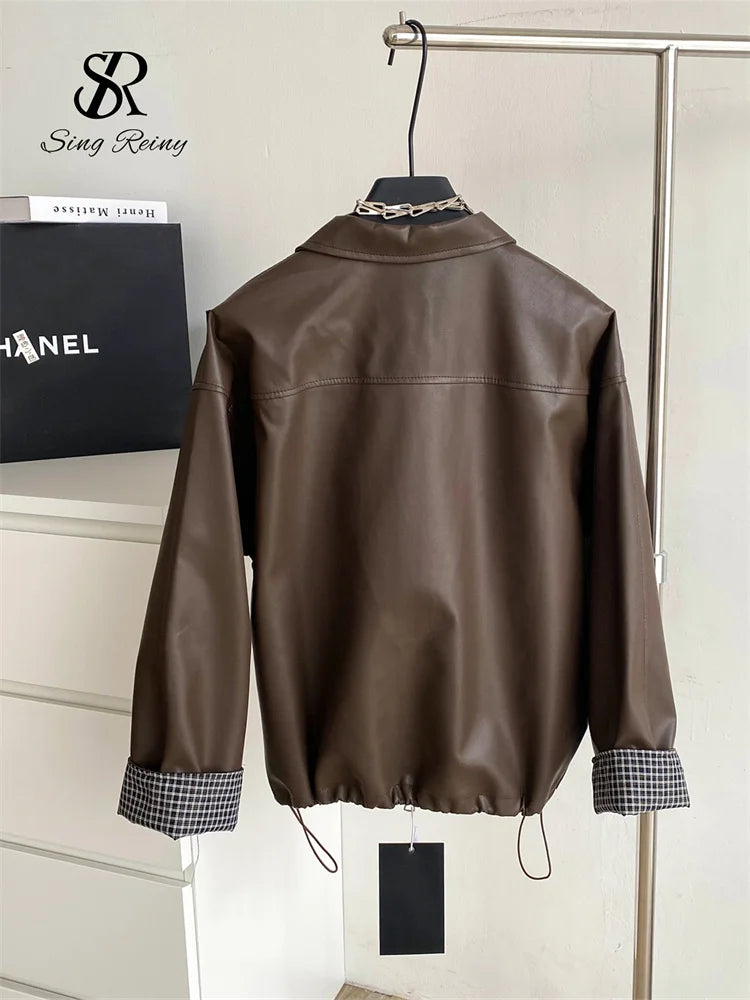 Singreiny Moto Biker Windbreaker PU Leather Jacket Style