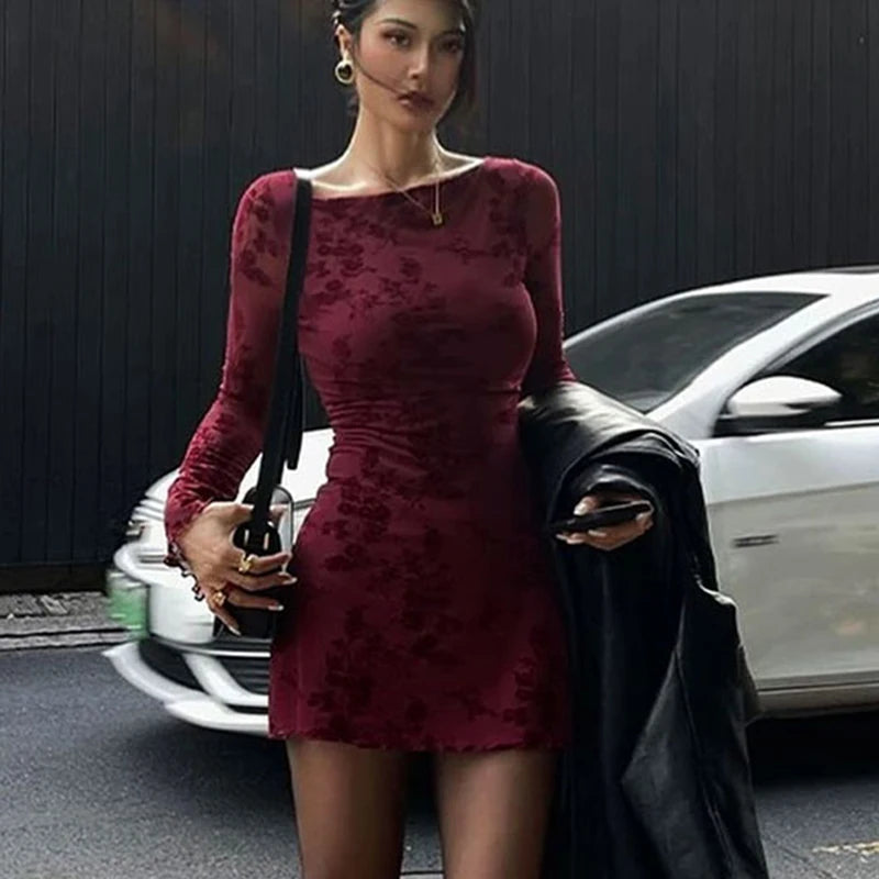 Wine Red O Neck Knit Dress For Women Long Sleeves Print