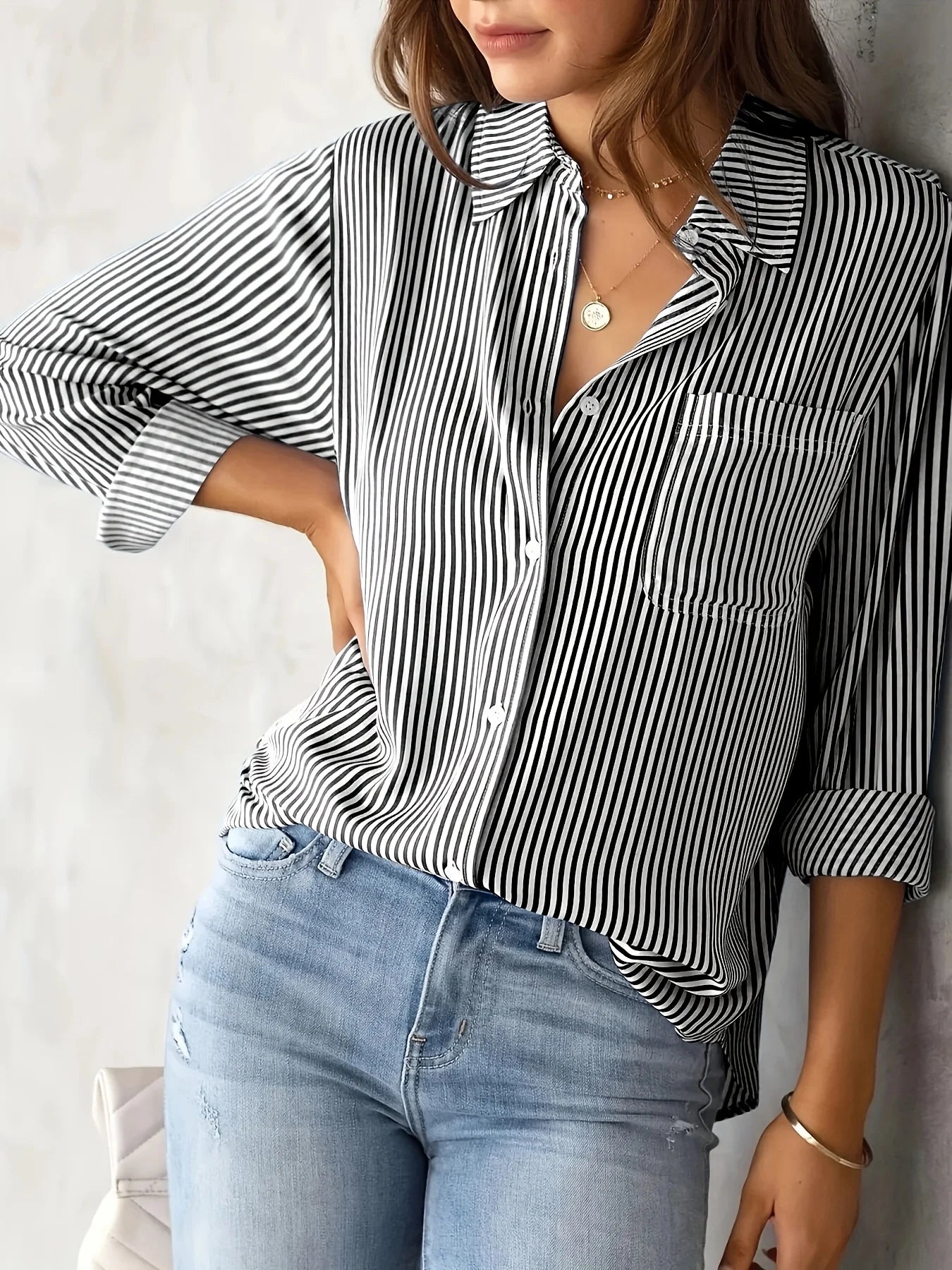 Womens Striped Shirt With Pockets Long Sleeves All Seasons