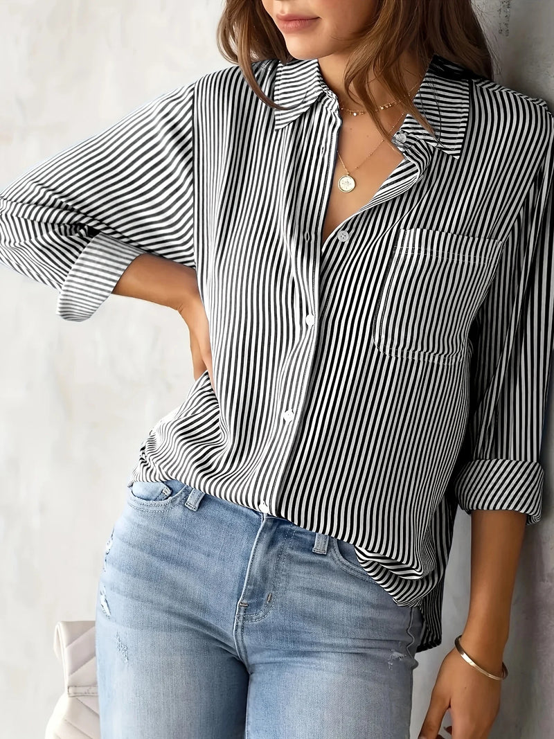 Womens Striped Shirt With Pockets Long Sleeves Casual