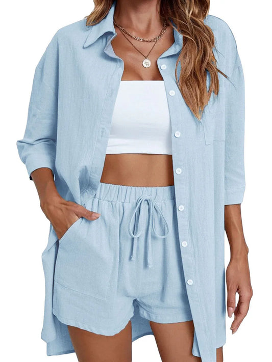Womens Casual 2 Loungewear Set Short Sleeve Shirt Shorts