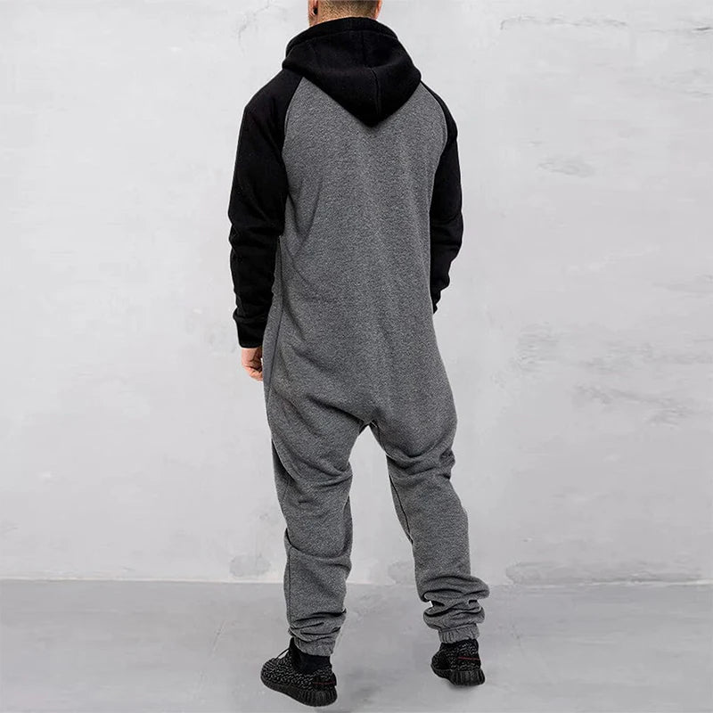 Men s Hooded Jumpsuit with Front Zipper and Pockets Long Sleeve Romper for Winter and Fall Full Length Contrast Design