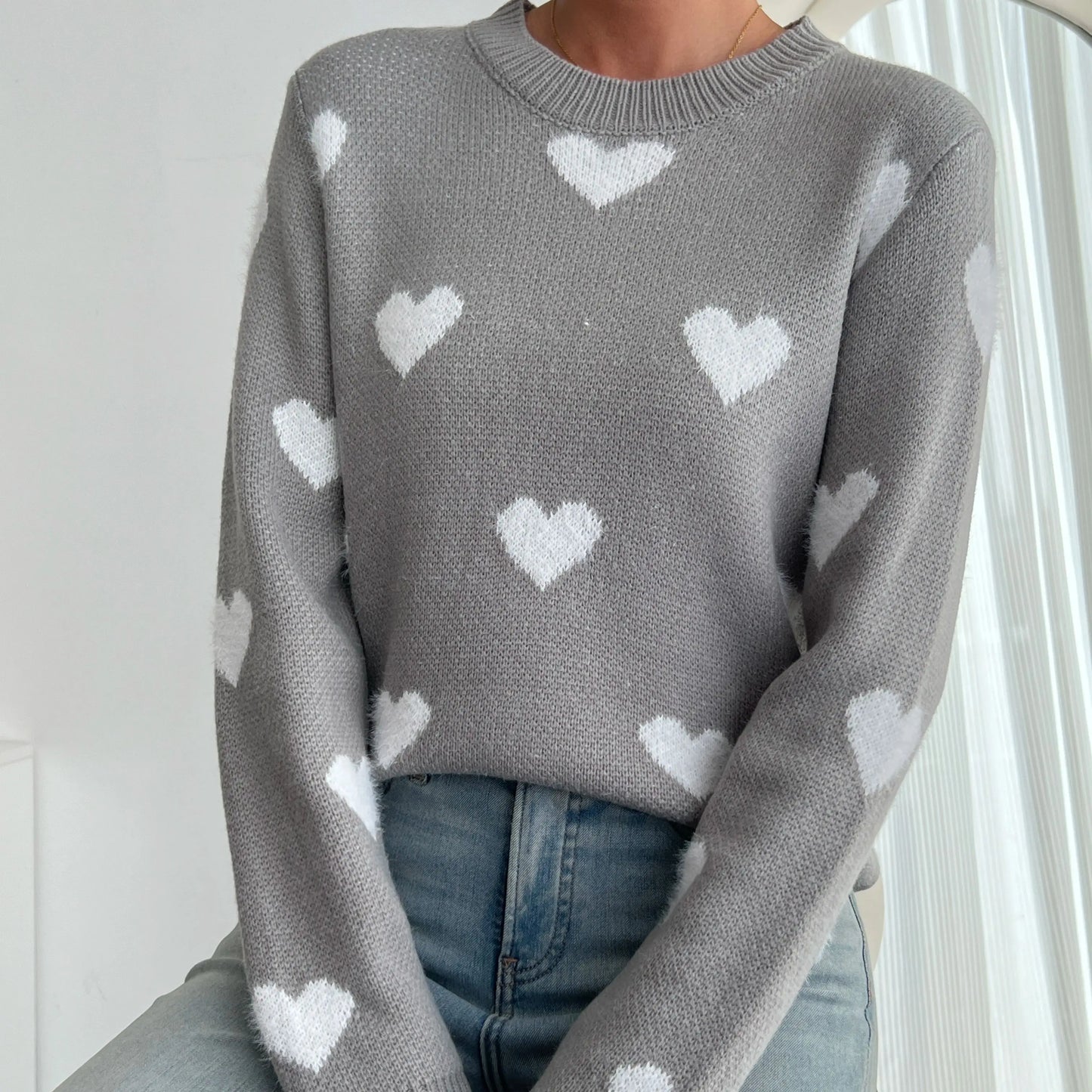 Women's Chic Blue Heart Pattern Crew Neck Sweater - Cozy Long Sleeve Knit Pullover, Soft Acrylic/Nylon Blend, Perfect for Fall &