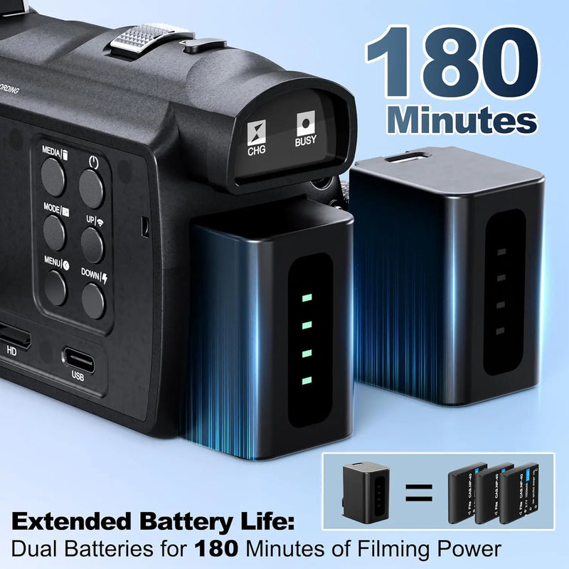 NBD 4K Camcorder Video Camera with 48MP Vlogging Camera With Wi-Fi & App Control,Video Recorder with 3X Battery Life, 16X Zoom
