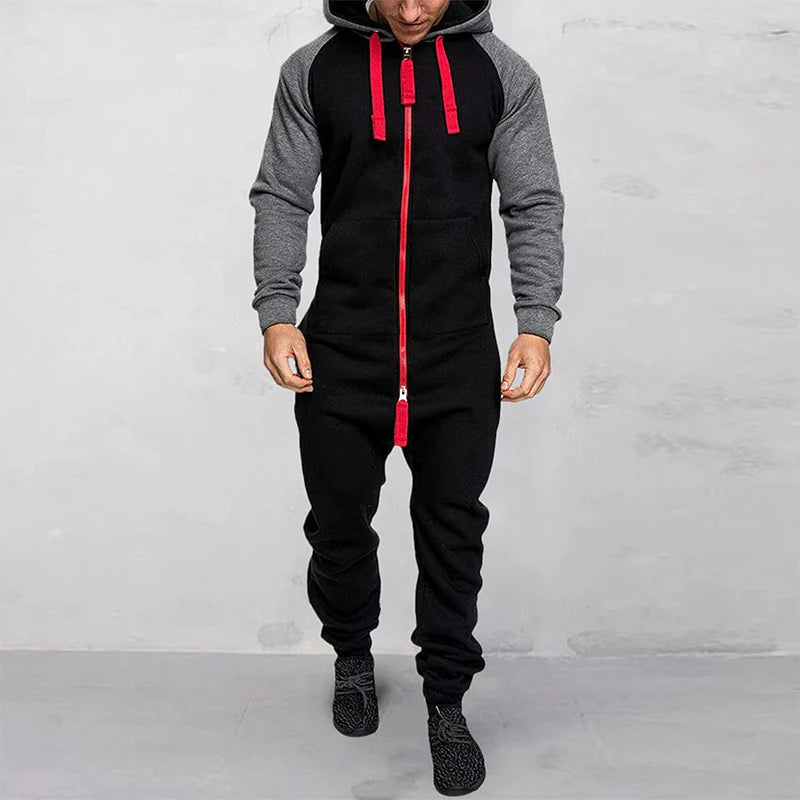 Men s Hooded Jumpsuit with Front Zipper and Pockets Long Sleeve Romper for Winter and Fall Full Length Contrast Design
