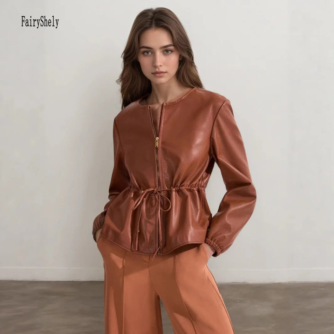 Brown PU Leather Jacket Women Y2K Zipper Cropped Outwear