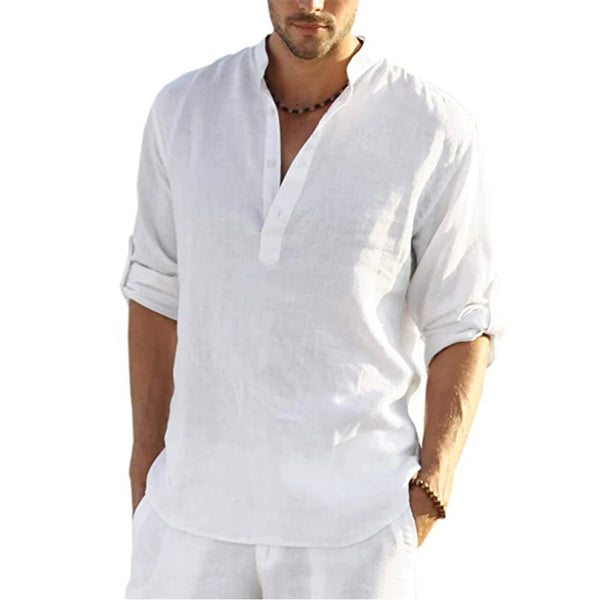Men's Cotton Linen Casual Shirt Long Sleeve Stand Collar